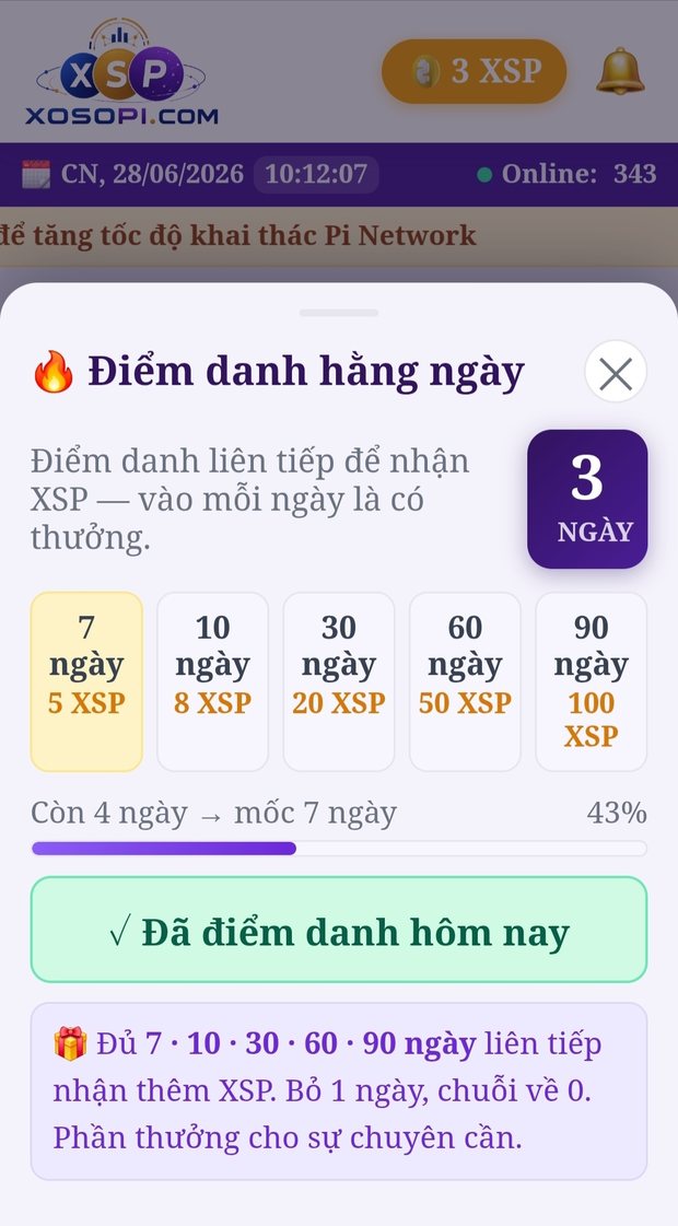 Điểm danh hằng ngày trên XoSoPi — chuỗi streak nhận thưởng XSP