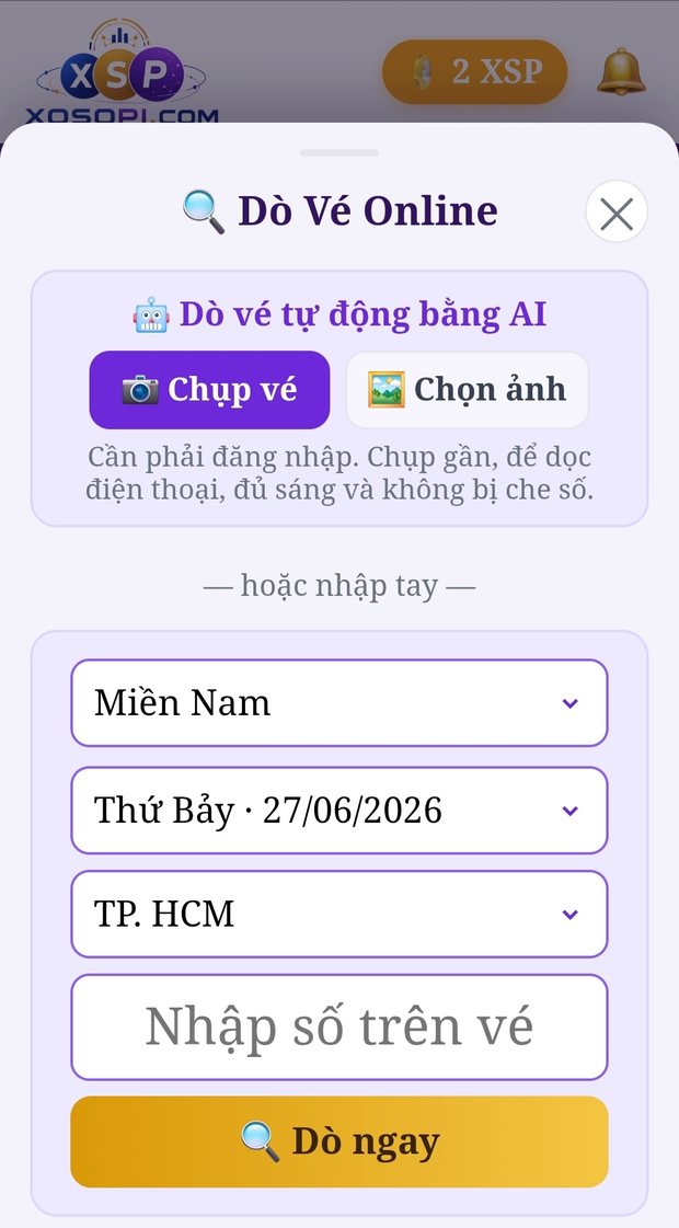 Dò vé online bằng AI trên XoSoPi — chụp ảnh vé để AI đọc