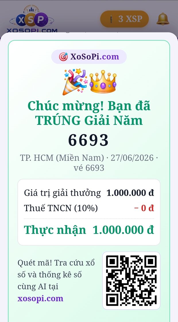Thiệp chúc mừng trúng thưởng trên XoSoPi kèm mã QR giới thiệu