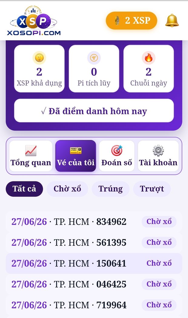 Mục Vé của tôi trên XoSoPi — lưu vé tự động, báo khi trúng